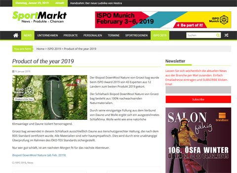 SportMarkt-News Product des Jahres 2019-Biopod DownWool Nature von Gruezi bag_09Jan2019