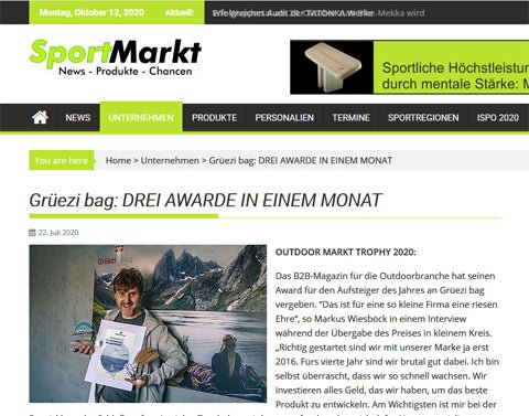 Onlinemagazin 'SportMarkt' informiert über den Award Gewinner Grüezi bag!