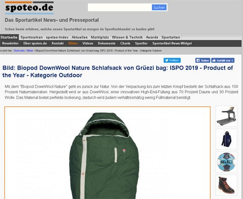 Onlinemagazin-Spoteo-ISPO 2019-Produkt des Jahres-Biopod DownWool Nature von Gruezi bag