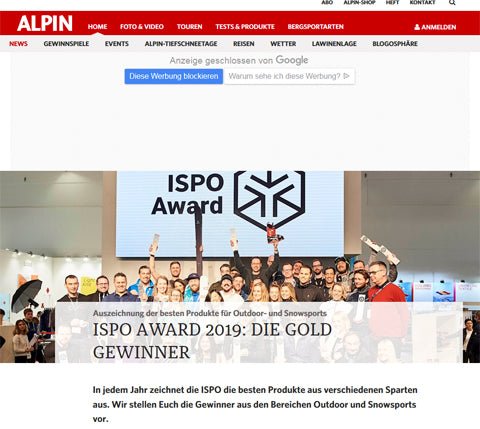 Magazin 'ALPIN' berichtet über den Product of the Year-Gewinner der ISPO 2019!