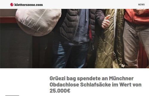 Magazine 'Kletterszene' reports - sleeping bag donation for the homeless at Christmas!
