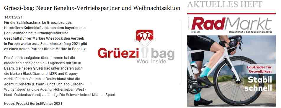 Radlmarkt -  Grüezi bag:  Neuer Benelux-Vertriebspartner und Weihnachtsaktion