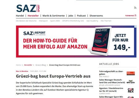 Newsmeldung von 'SAZ Sport'- Grüezi bag baut Vertrieb aus und spendet!