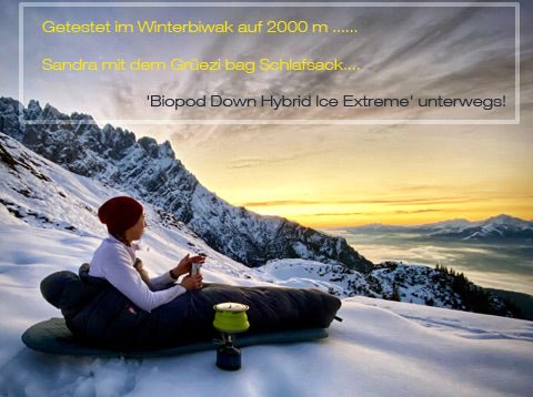 'Biopod Down Hybrid Ice Extreme' tested by Sandra in the summit bivouac!