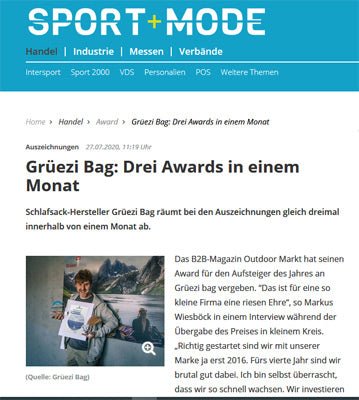 Le sac Grüezi rafle les récompenses - rapporte le magazine 'Sport+Mode' !