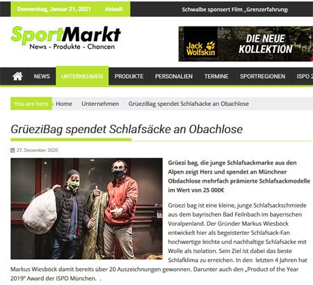 Actualités 'SportMarkt' - Le sac Grüezi met en œuvre l'idée de don et s'agrandit !