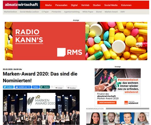 Magazin 'absatzwirtschaft' berichtet - Grüezi bag ist für den Marken Award 2020 nominiert!