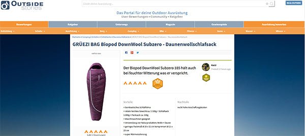 Test auf Outside-Stories "Grüezi bag DownWool Subzero"