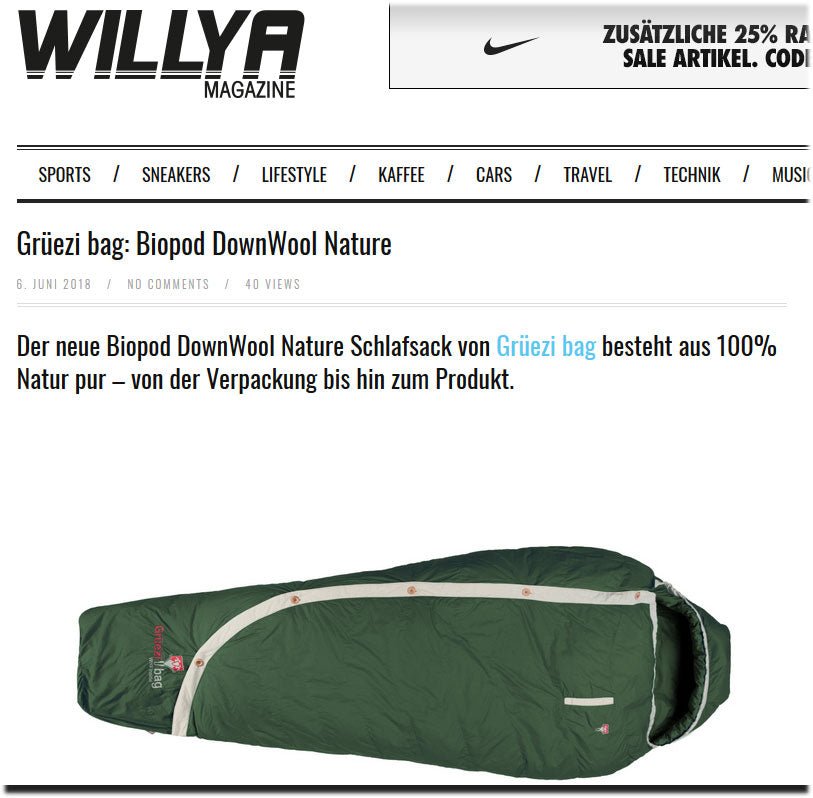 Dernière invention : le sac Grüezi "Biopod DownWool Nature" publié dans le magazine WILLYA !
