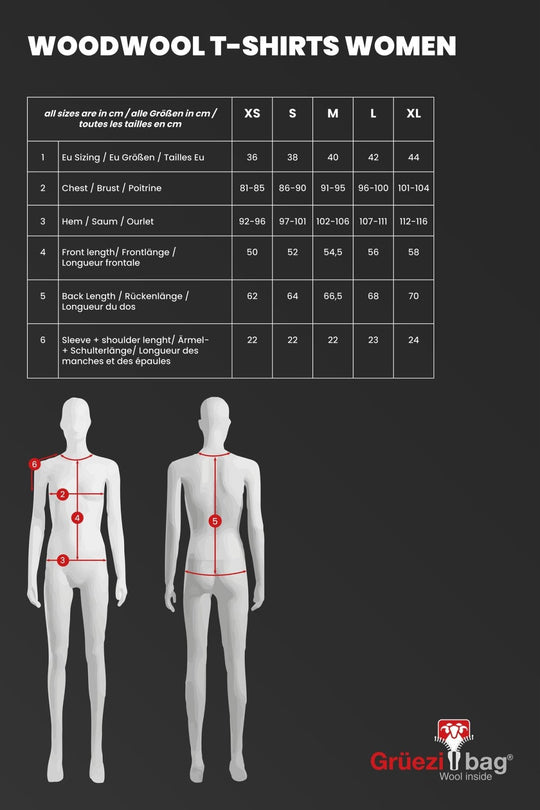 WoodWool T-shirt Lady Deanna Boulder Size Chart