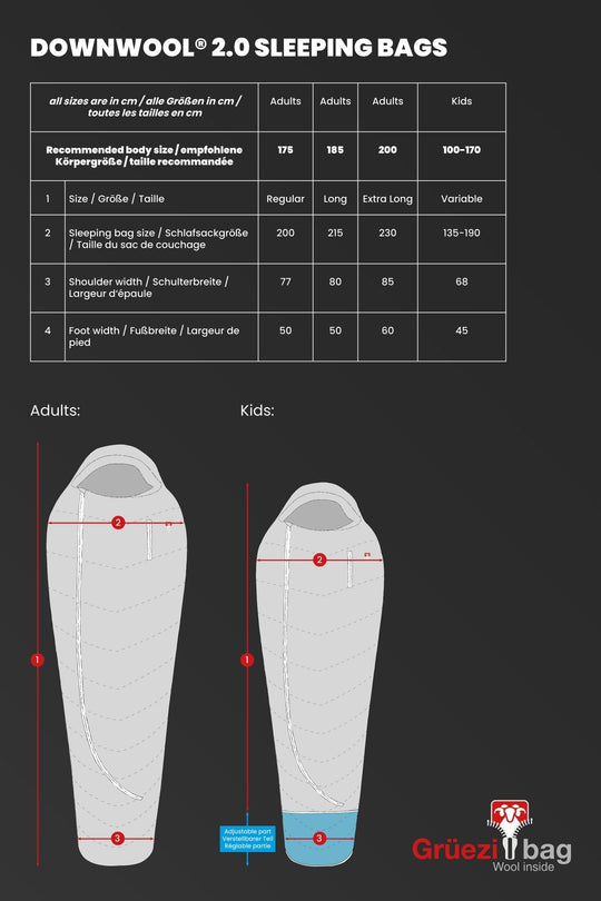 Leichter Sommerschlafsack DownWool Extreme light regular Größentabelle