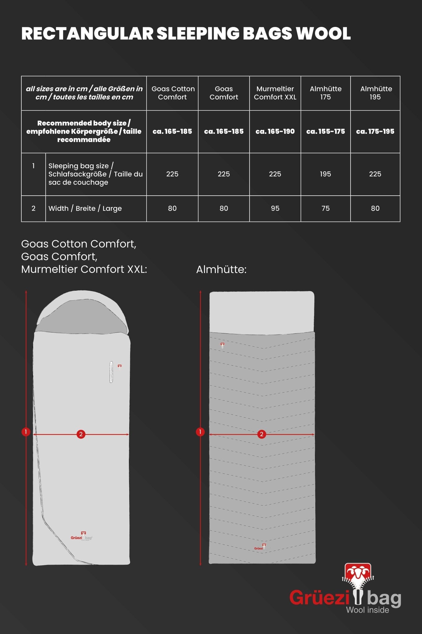 Size chart rectangular sleeping bags wool