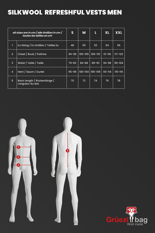 Grüezi bag Refreshful SilkWool Vest Men Sizechart