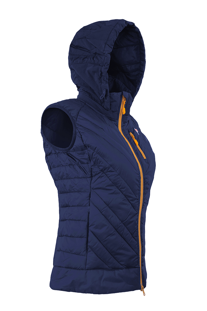 Grüezi bag Lightful DownWool Vest W - Perfekt anpassbare und abnehmbare Kapuze.