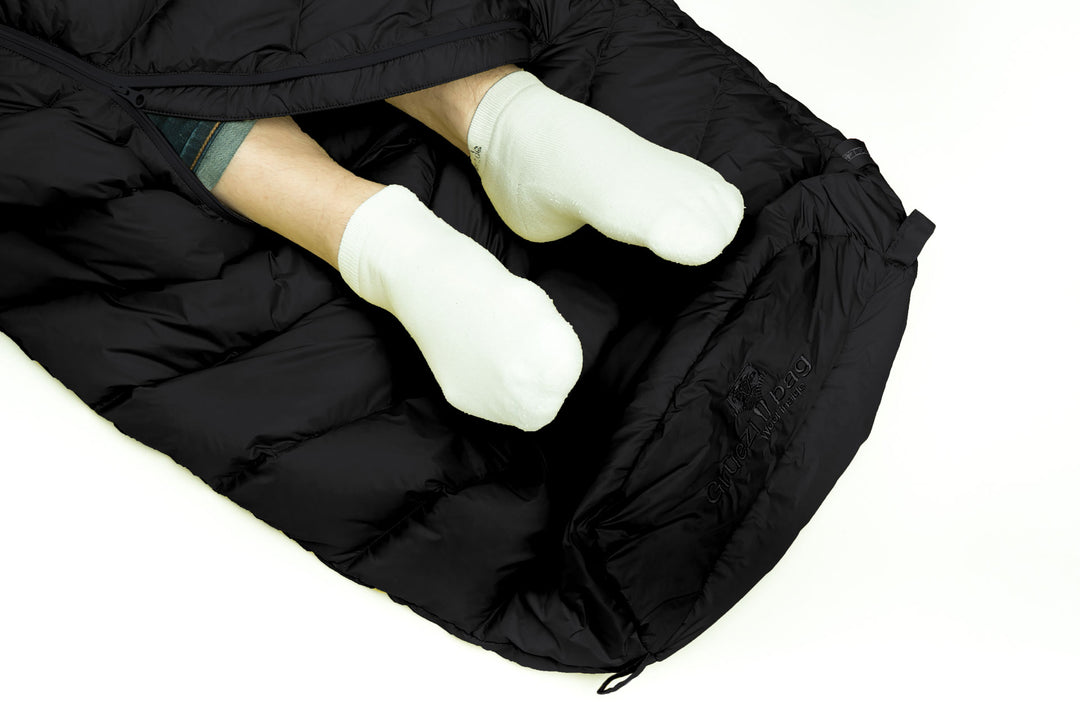 Grüezi bag Mumienschlafsack Biopod DownWool Extreme Light 185 Black Edition Fußbelüftung